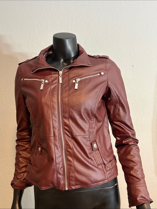 Jou Jou Jackets & Blazers - Jou Jou Wine Red Faux Leather Moto Jacket with Silver Zippers